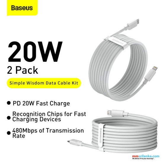 Baseus iP 20W (2PCS/Set – 1.5m Simple Wisdom Data Cable Kit Type-C to IP -White (6M)